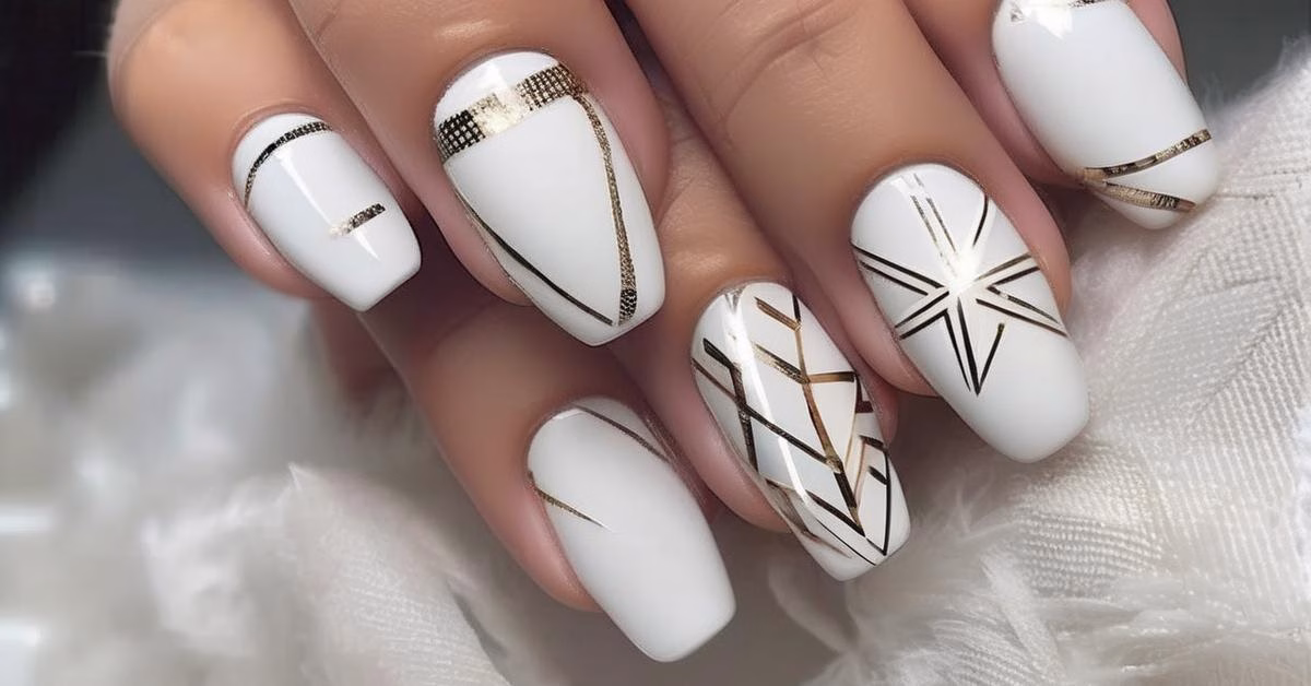 Różnorodne trendy w białych paznokciach na 2025 rok, w tym mleczne paznokcie i geometryczne wzory.