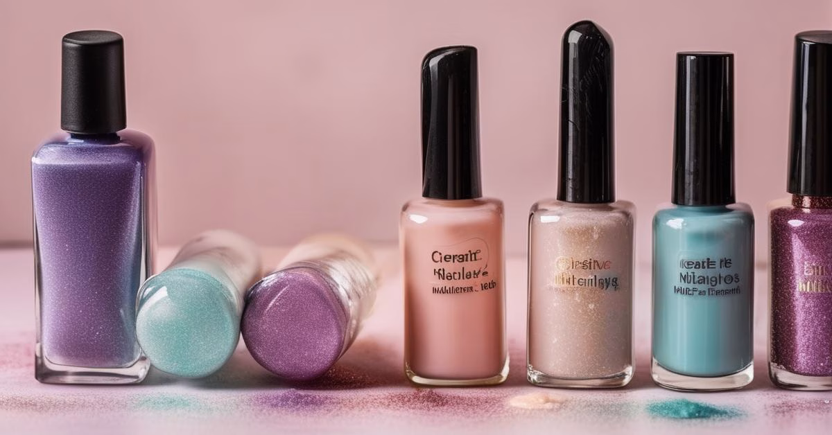 Różnorodne buteleczki lakierów do paznokci w mlecznych i pastelowych odcieniach na jasnym tle, z pędzelkiem do zdobienia i pojemnikiem z brokatem.