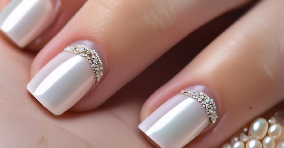 Perłowy french manicure z subtelnymi zdobieniami.
