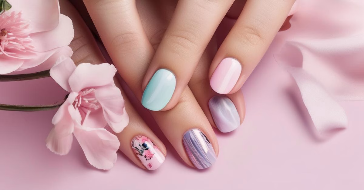 Inspiracje na paznokcie wiosna 2025 z pastelowymi kolorami, geometrycznymi wzorami i kwiatowymi motywami.
