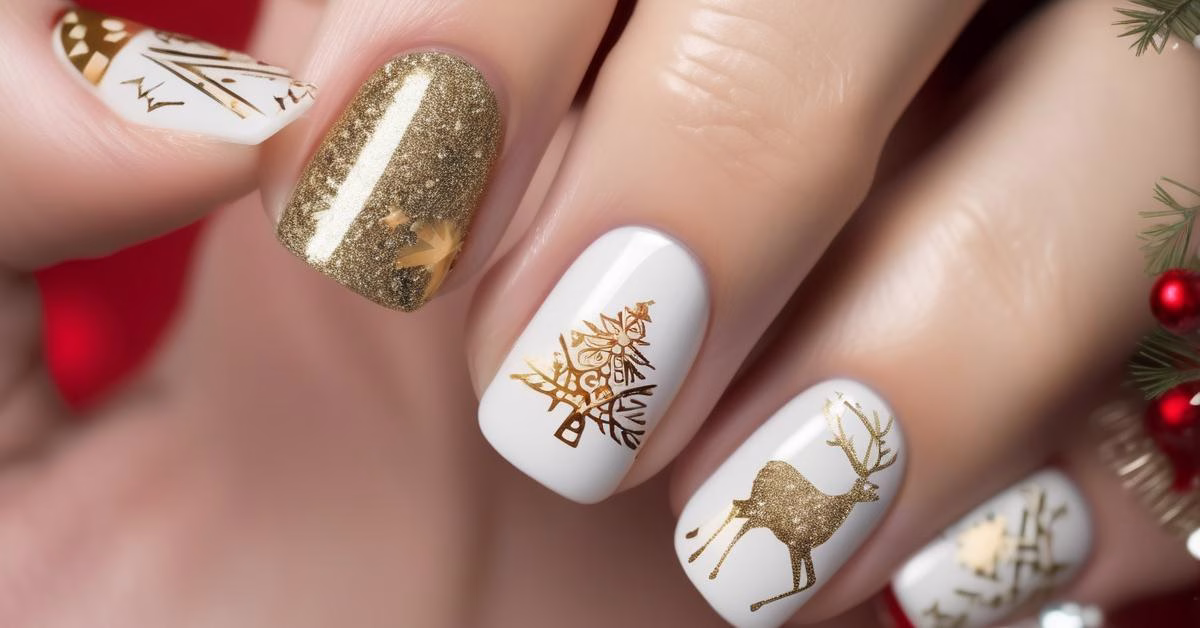 Różnorodne świąteczne wzory na paznokciach, w tym śnieżynki, renifery i choinki, w kolorach czerwieni, zieleni i złota z brokatowymi akcentami.