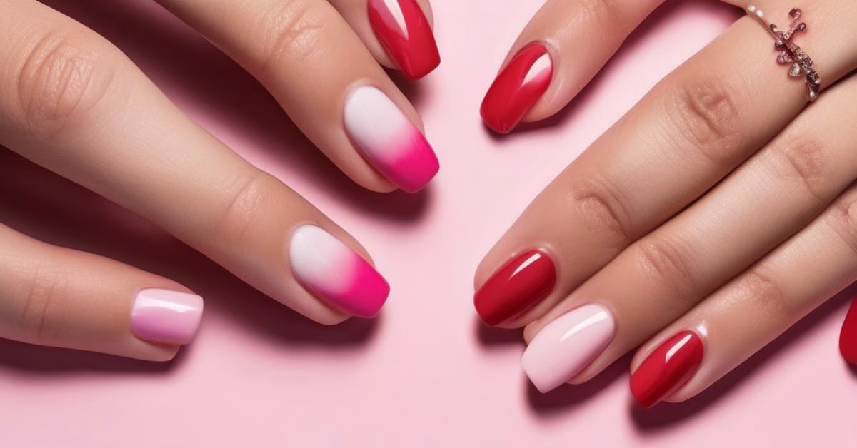 Pielęgnacja paznokci przed i po walentynkowym manicure z klasycznym czerwonym i różowym ombre oraz akcentami serc.