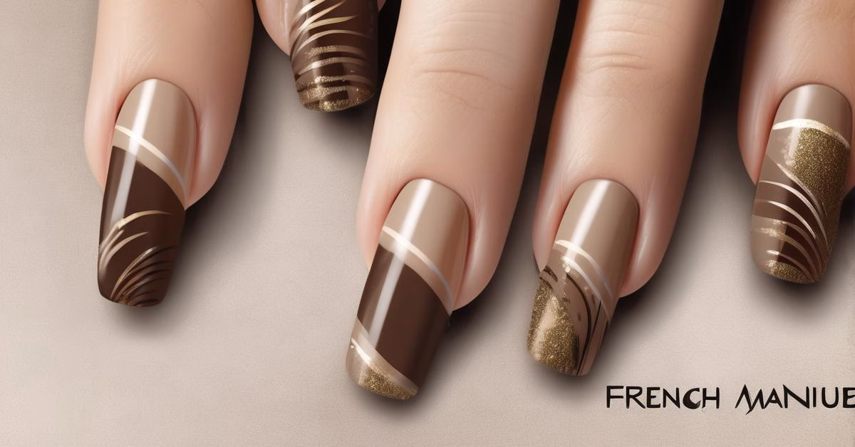 Brązowy french manicure z końcówkami w odcieniach nude i beżu.
