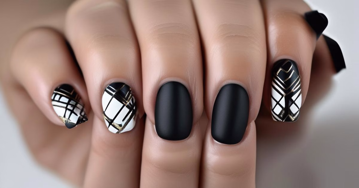 Różnorodne stylizacje czarnych paznokci z geometrycznymi wzorami, metalicznymi akcentami i abstrakcyjnymi formami.